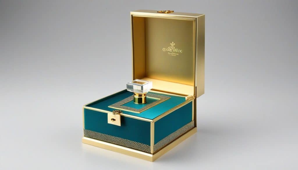 a blue and gold box with a bottle in it-gift box manufacturer